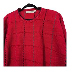 Vintage 90s Windowpane Crewneck Sweater Mens LG Red Cotton Grandpa Dad Holiday